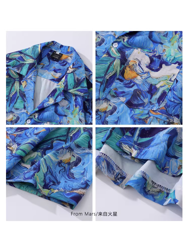 Áo sơ mi ngắn tay dáng rộng cổ Cuba in họa tiết retro Mỹ cổ điển, họa tiết nước màu độc đáo lấy cảm hứng từ sao Hỏa