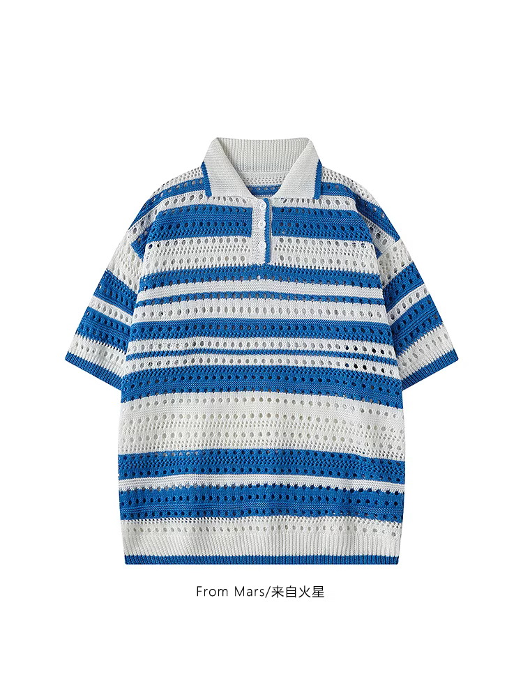 Từ sao Hỏa, thiết kế rỗng kiểu cổ điển, thoải mái và thoải mái, áo thun ngắn tay rộng rãi sọc giản dị dành cho các cặp đôi.