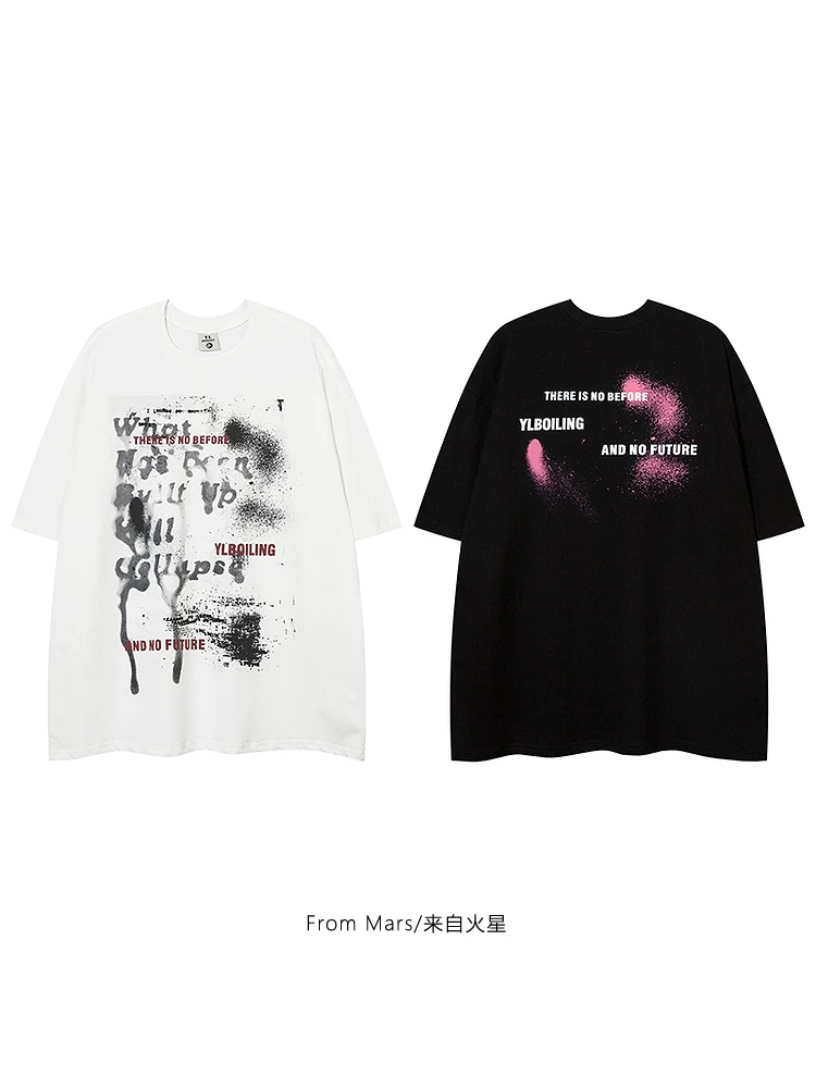 Từ sao Hỏa, may mắn tự động đến với bạn Áo thun ngắn tay in chữ phong cách Hip-Hop Retro Graffiti Unisex rộng rãi bf
