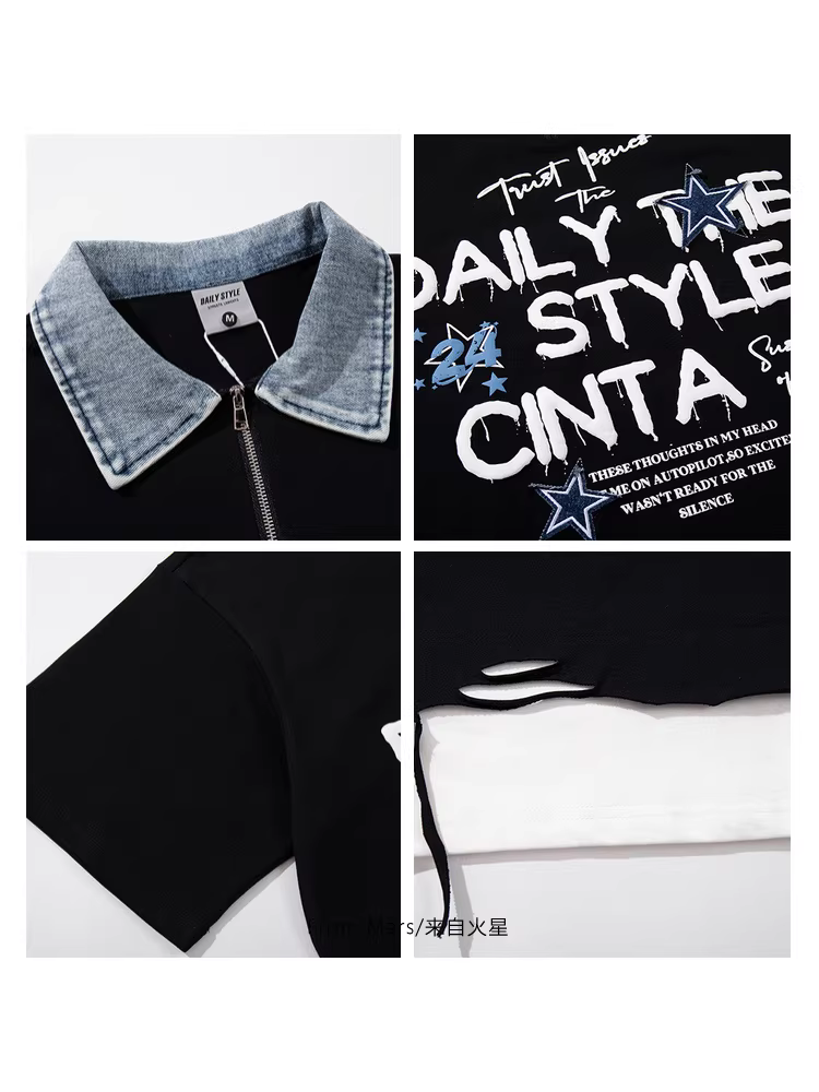 Phong cách từ sao Hỏa là đa năng, phong cách đường phố, áo thun denim cổ polo giả hai mảnh, dáng rộng, tay ngắn, hợp thời trang