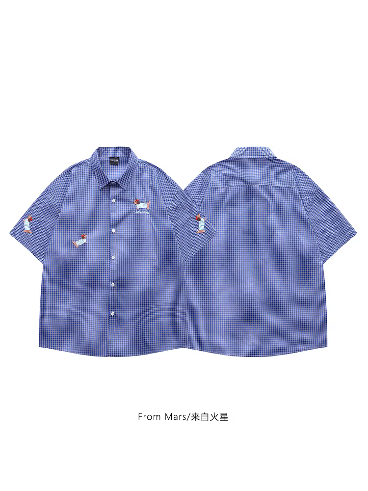 Áo sơ mi ngắn tay dáng rộng thêu kẻ sọc mùa hè phong cách Harajuku Nhật Bản dành cho nam và nữ