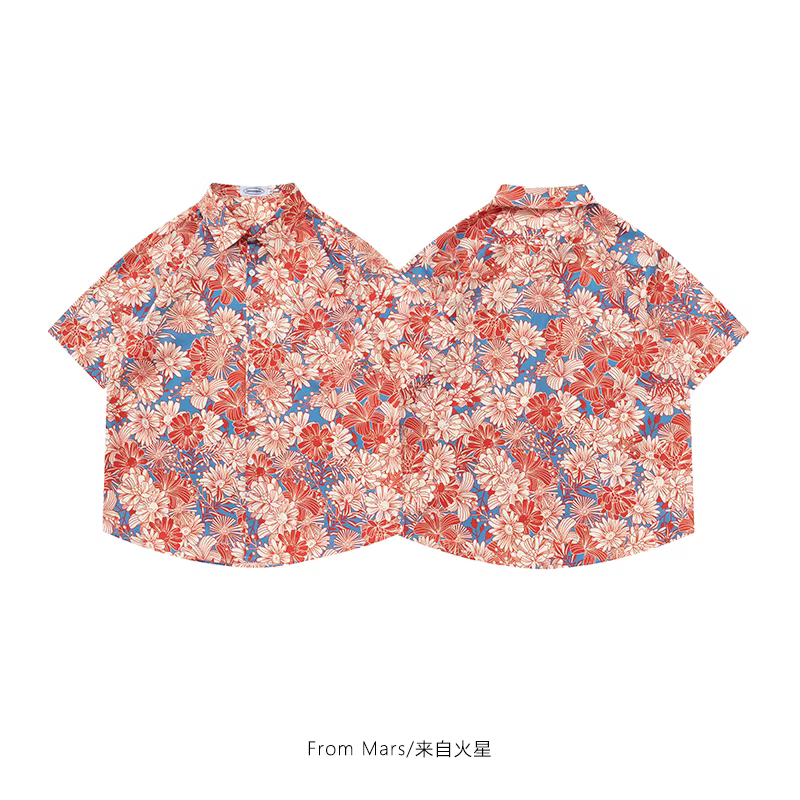 Từ sao Hỏa Màu đỏ tươi tắn in hoa theo xu hướng quốc gia thương hiệu retro họa tiết hoa in toàn thân áo sơ mi ngắn tay dáng rộng trang phục đi biển thông thường