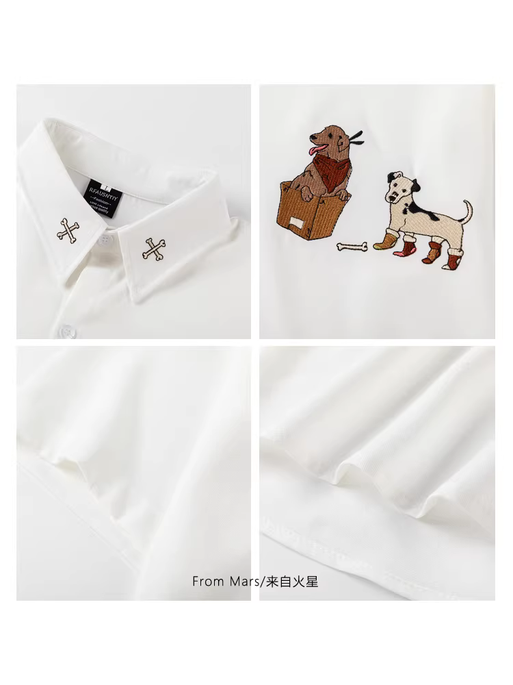 From Mars Puppy Party Áo sơ mi ngắn tay in thêu cá tính theo phong cách Mỹ, áo sơ mi ngắn tay mùa hè đa năng