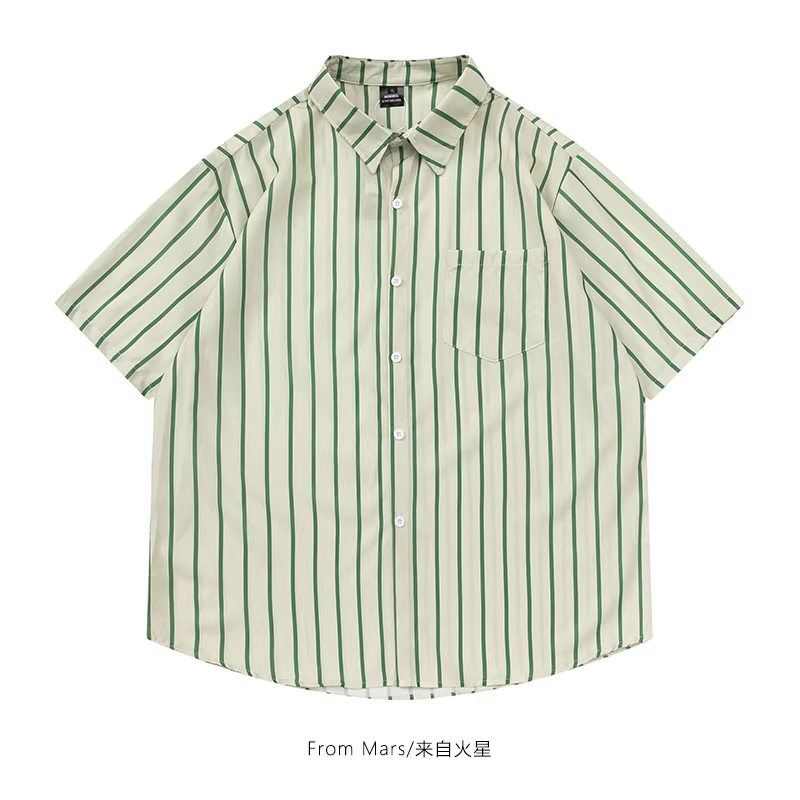 From Mars Áo sơ mi ngắn tay có cổ sọc đơn giản theo phong cách Nhật Bản, dáng rộng, giản dị, đa năng, áo sơ mi đường phố bf