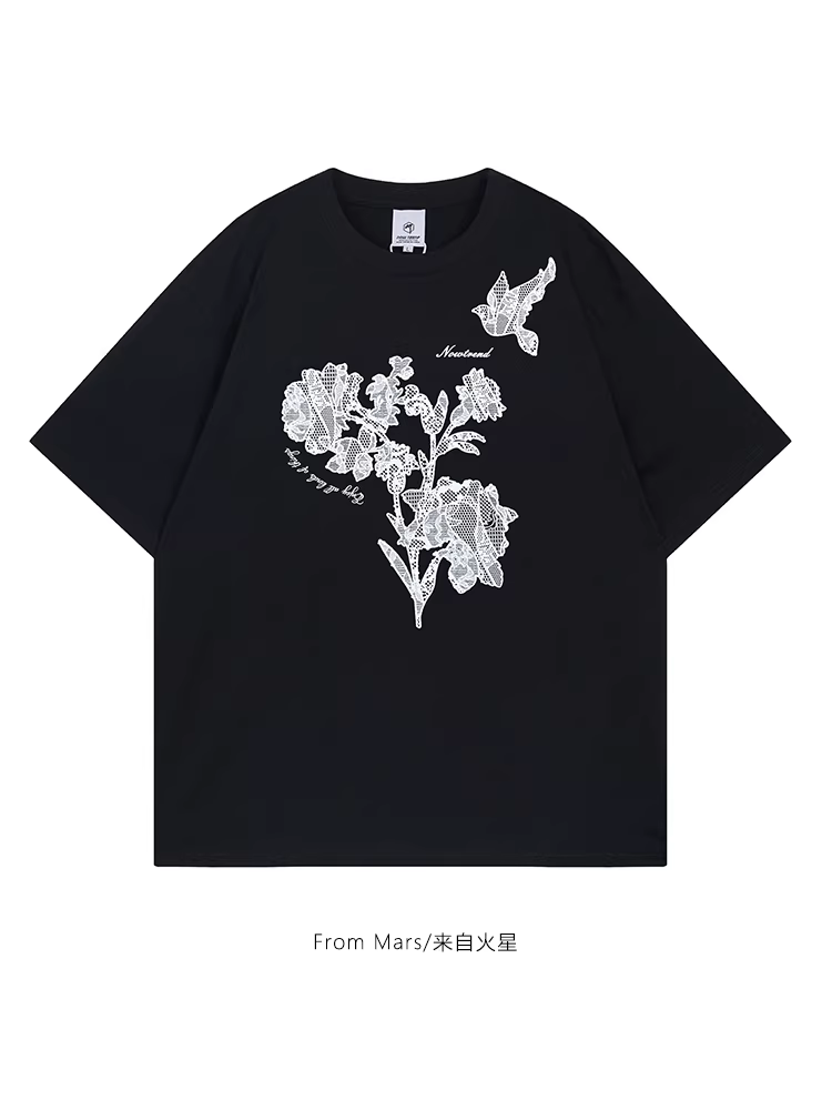 Áo thun ngắn tay unisex đa năng kiểu dáng rộng rãi cổ tròn họa tiết hoa vintage thời thượng phong cách Mars Lace Flower