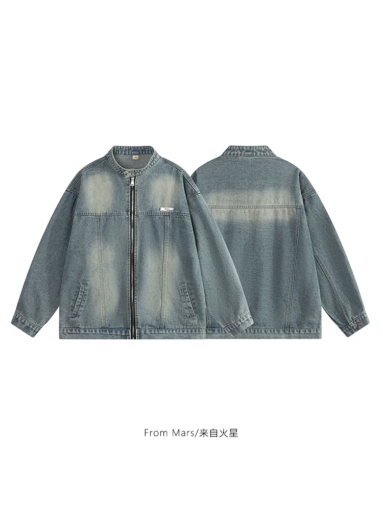 From Mars Áo khoác denim dài tay cổ tròn có khóa kéo kiểu retro hợp thời trang, dáng rộng dành cho các cặp đôi