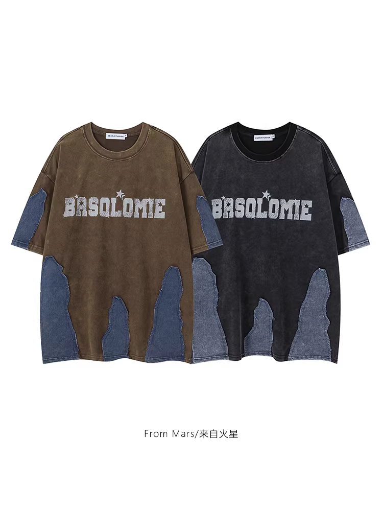 Từ sao Hỏa, ngày đêm, phong cách retro Mỹ, áo thun ngắn tay kiểu cũ với chất liệu denim ghép mảnh và in chữ, phong cách BF.