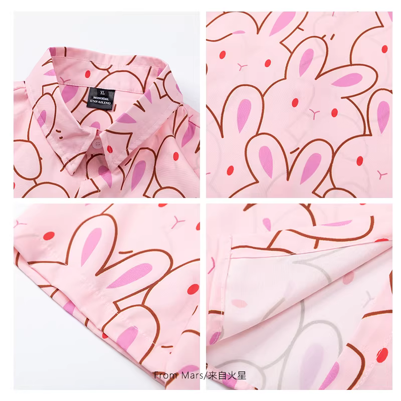 Áo sơ mi in hình thỏ phong cách Nhật Bản từ sao Hỏa, dáng rộng, kiểu cặp đôi, phong cách đại học, áo sơ mi ngắn tay đa năng, phong cách giản dị
