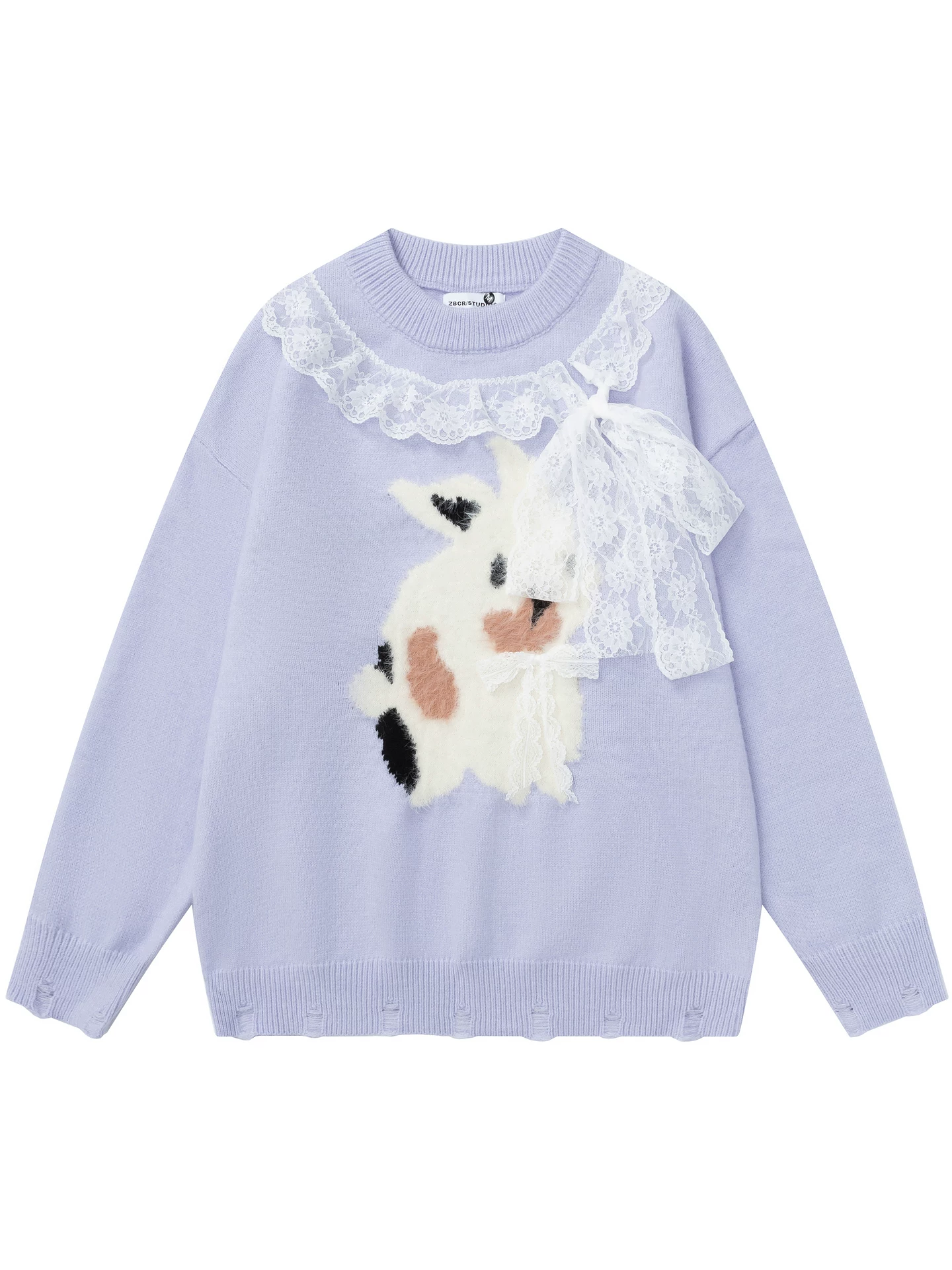 From Mars Weekend Sunny Day College Style Casual Rabbit Color-Block Áo len cổ tròn có dây buộc màu sắc đơn giản BF