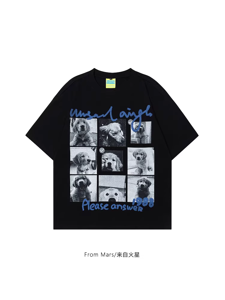 From Mars Four-Grid Puppy National Trend Retro Dog Print Lazy Loose Short-Sleeve T-Shirt Couple Casual
