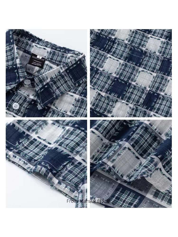 Từ sao Hỏa, giống như một chiếc bánh, áo sơ mi thiết kế chắp vá mùa hè cổ điển, áo sơ mi ngắn tay kiểu dáng lười biếng, phong cách BF.