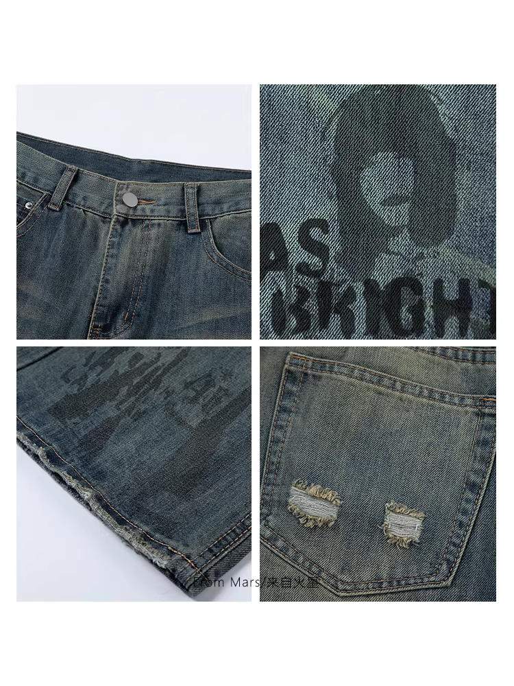 Quần jean nữ phong cách Mỹ cổ điển, in họa tiết, rách cá tính, dáng rộng, đa năng, chất liệu denim