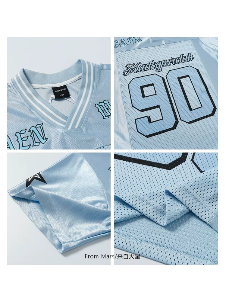 From Mars Blue Galaxy Hip-hop Letter Print Áo thun thể thao thoáng khí chắp vá cho cặp đôi Áo thun ngắn tay dáng rộng