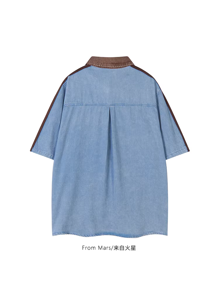 From Mars Flowing Landscape áo polo denim cổ điển chắp vá chữ cái áo sơ mi ngắn tay dáng rộng giản dị