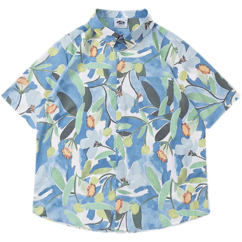 Áo sơ mi ngắn tay in họa tiết hoa cổ điển Nhật Bản của Mars Blue Coast Áo cardigan cặp đôi cỡ lớn hợp thời trang