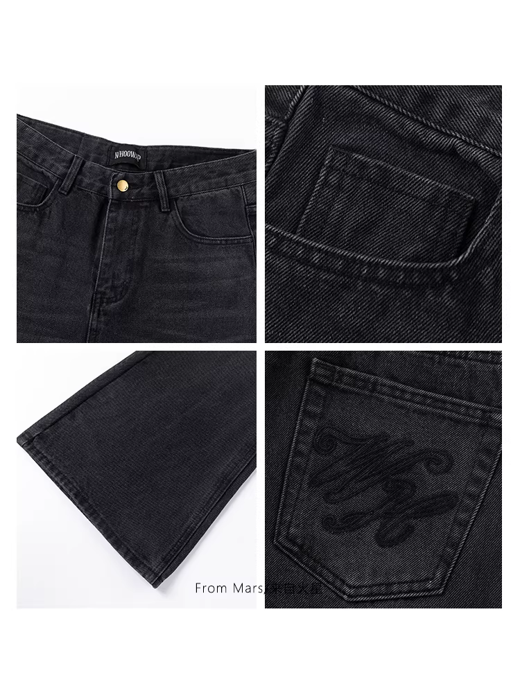 Quần jeans ống loe phong cách đường phố cổ điển Hồng Kông, chất liệu washed, dáng rộng, thoải mái, đa năng, dài.