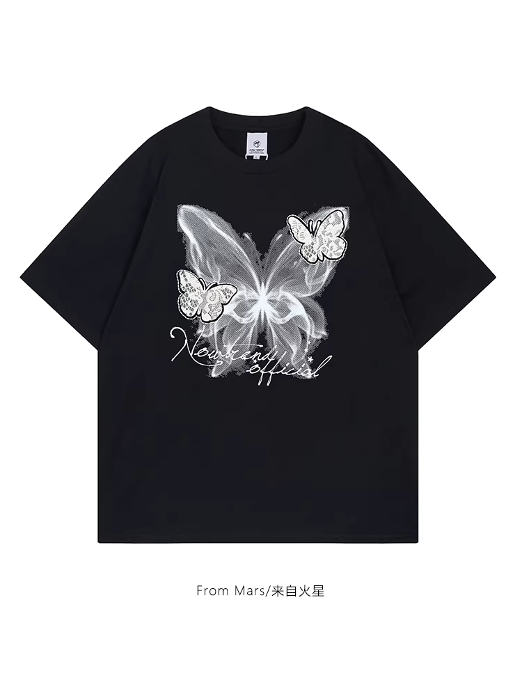 Áo thun tay ngắn in hình bướm retro phong cách Mars Unreal, cổ tròn, dáng rộng, dễ phối đồ cho nam và nữ