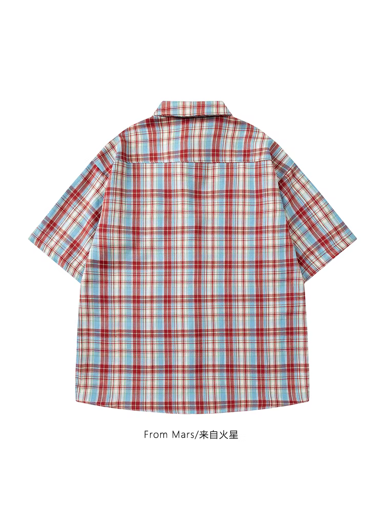 From Mars Cocoa Dream Grid In chữ ca rô Áo sơ mi mùa hè dáng rộng kiểu Mỹ Áo thun