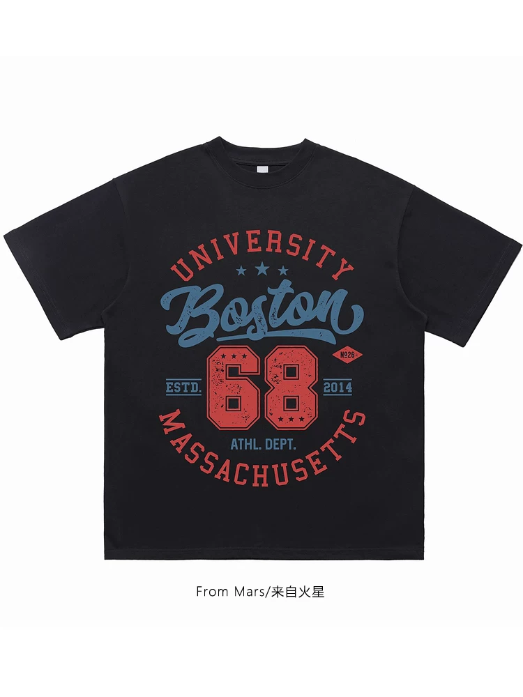From Mars Lucky Number Vintage Letter Print Summer New Đa năng Áo thun ngắn tay dáng rộng cho cặp đôi hợp thời trang