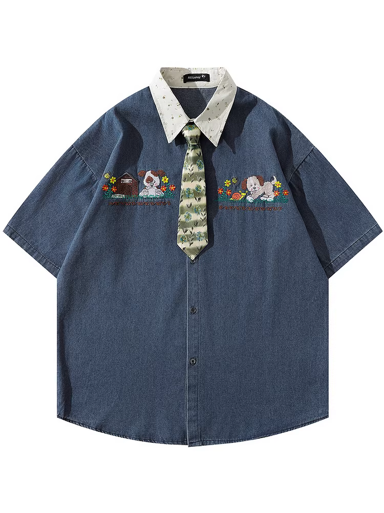 From Mars Puppy House Trendy Fun Tie Patchwork Áo sơ mi denim thêu dáng rộng tay ngắn mùa hè Ins