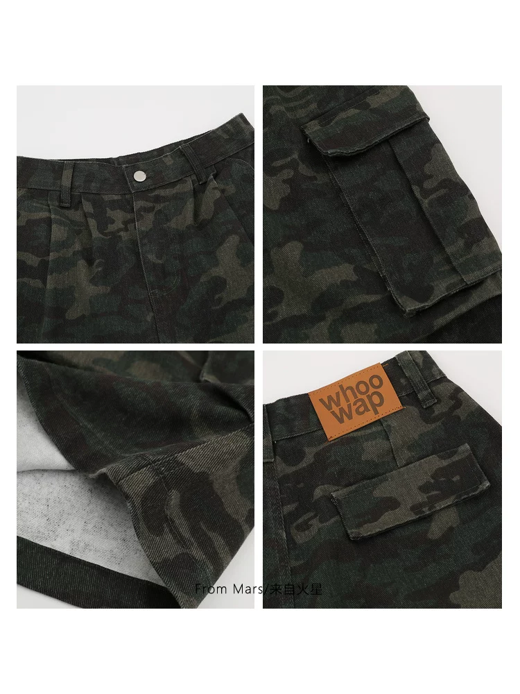 Từ sao Hỏa Một chút hồi hộp Quần short denim xếp ly ngụy trang cổ điển châu Âu và Mỹ Quần short denim xếp ly unisex mùa hè Quần crop dáng rộng
