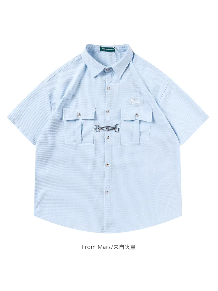 Từ sao Hỏa, bước vào thế giới của màu sắc: Áo sơ mi ngắn tay unisex màu trơn phong cách đường phố Trung Quốc, dáng rộng, thoải mái.