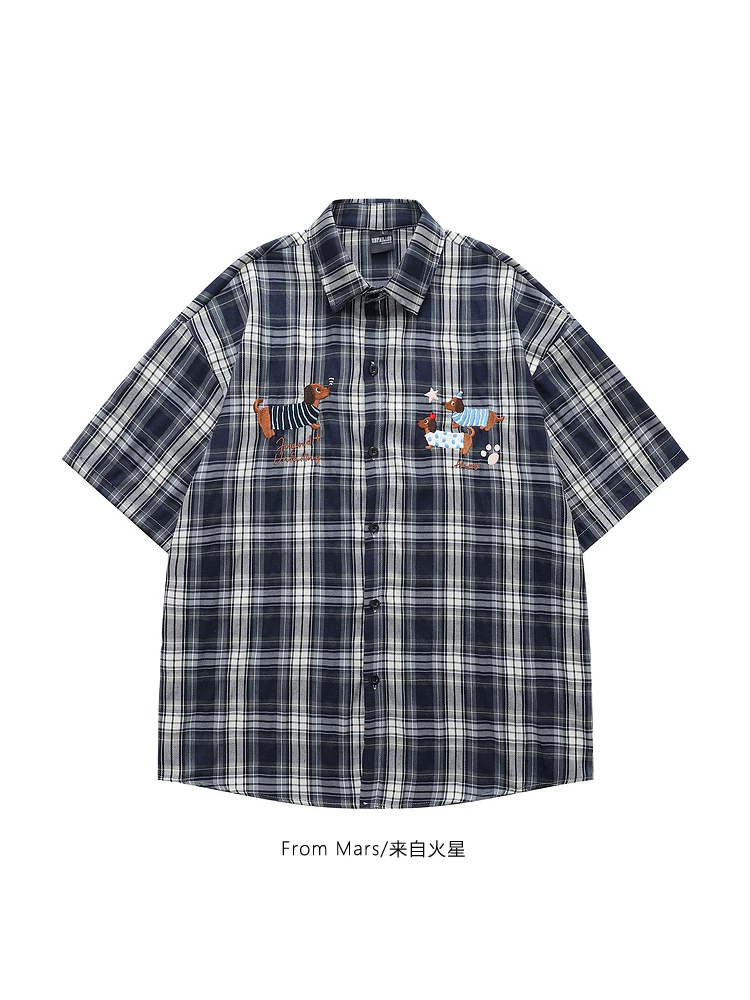 Từ sao Hỏa, cặp đôi dachshund mùa hè được chọn lọc kỹ lưỡng, thêu kẻ sọc, áo sơ mi ngắn tay rộng rãi BF
