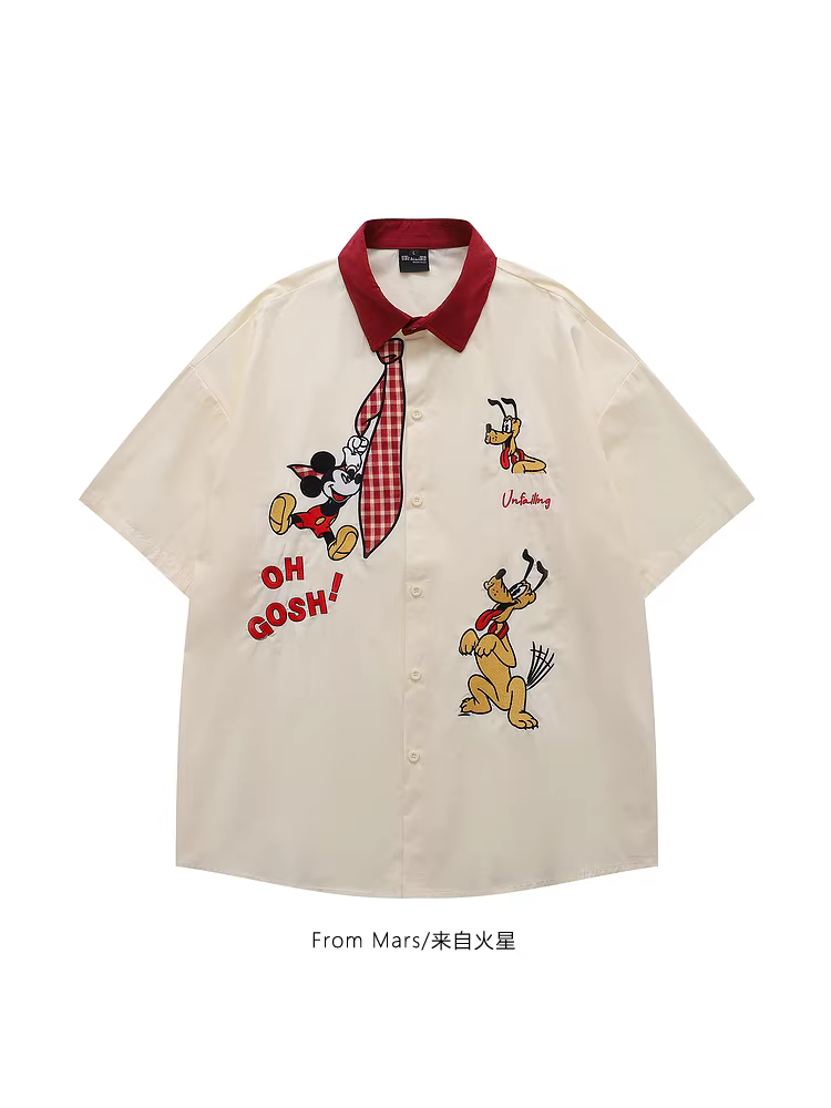 Từ sao Hỏa, hãy nắm bắt cơ hội, áo sơ mi ngắn tay dáng rộng thêu họa tiết dễ thương phong cách Harajuku dành cho nam và nữ BF