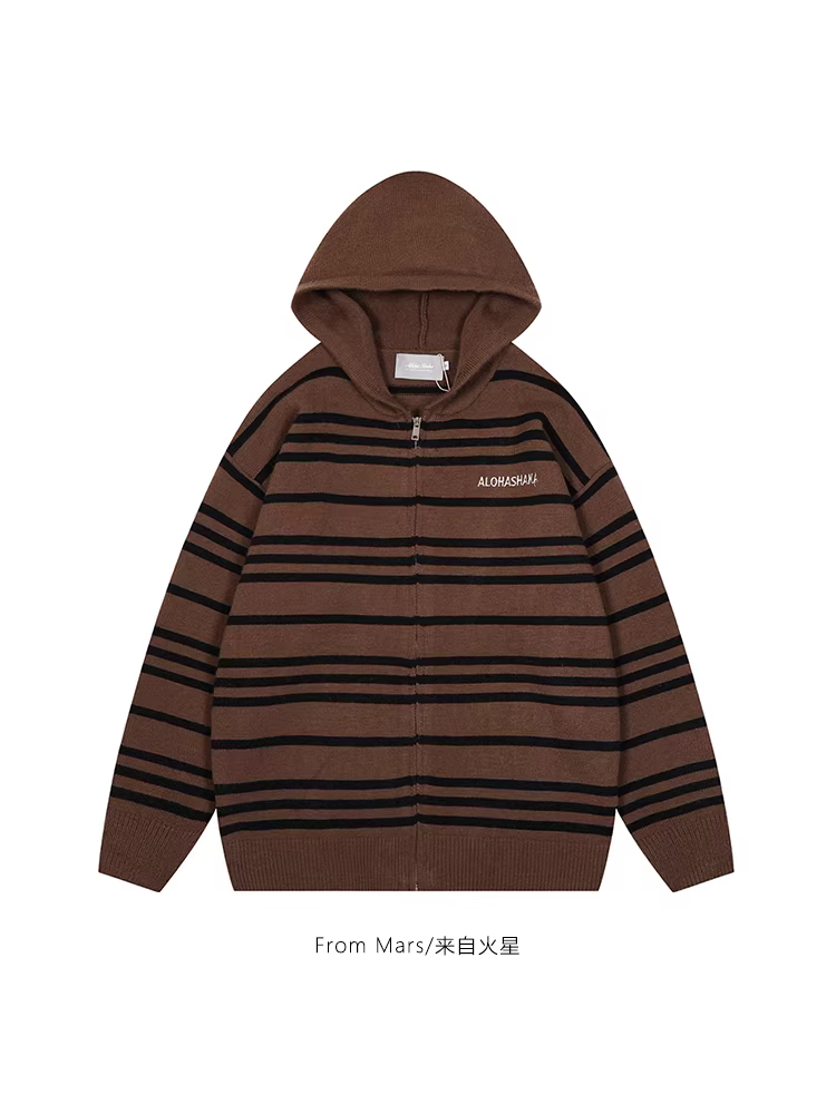 Từ sao Hỏa Giải quyết vấn đề Áo len dệt kim có mũ trùm đầu kiểu Nhật Bản Áo len sọc có dây kéo thêu Áo khoác thu đông hợp thời trang