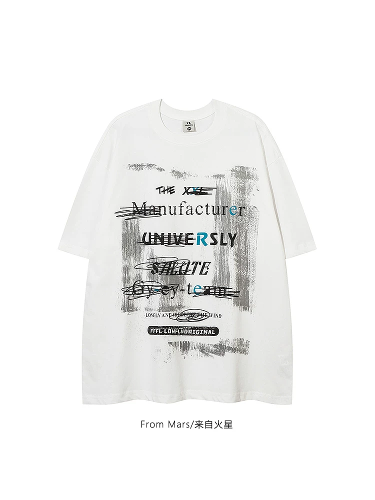 Từ sao Hỏa hãy nghỉ ngơi từ cuộc sống bận rộn, phong cách hip-hop đường phố, in chữ graffiti, cổ tròn, trang phục cặp đôi rộng rãi, xu hướng phong cách bạn trai