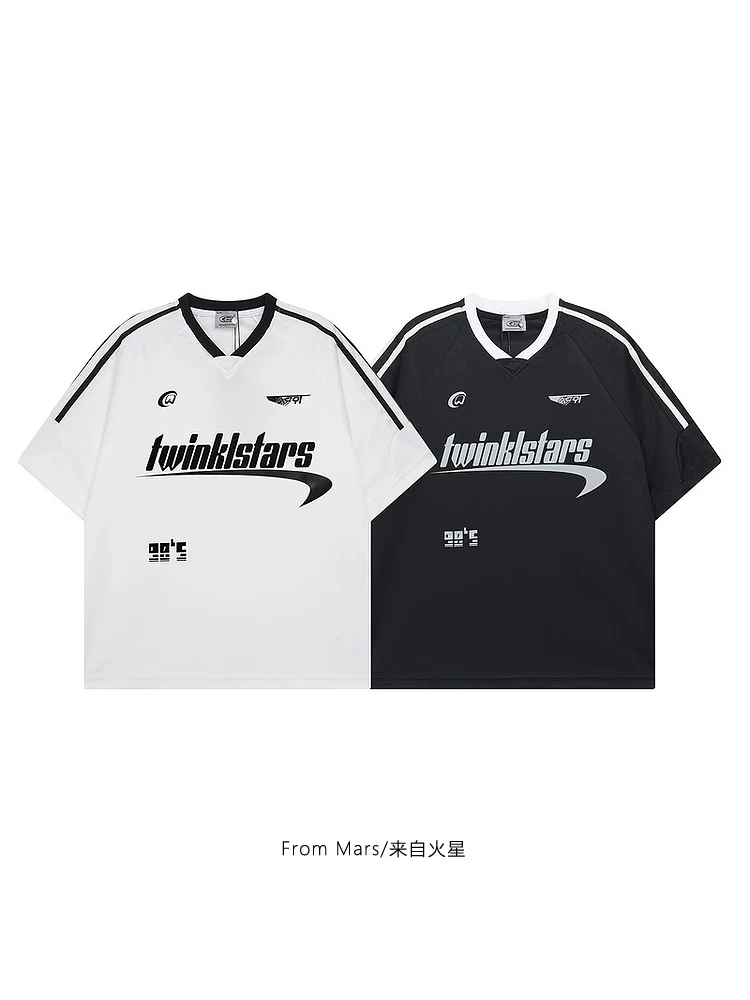 From Mars Summer New Arrivals Nhật Bản Retro Casual thêu chữ dáng rộng cổ chữ V màu khối áo thun ngắn tay BF