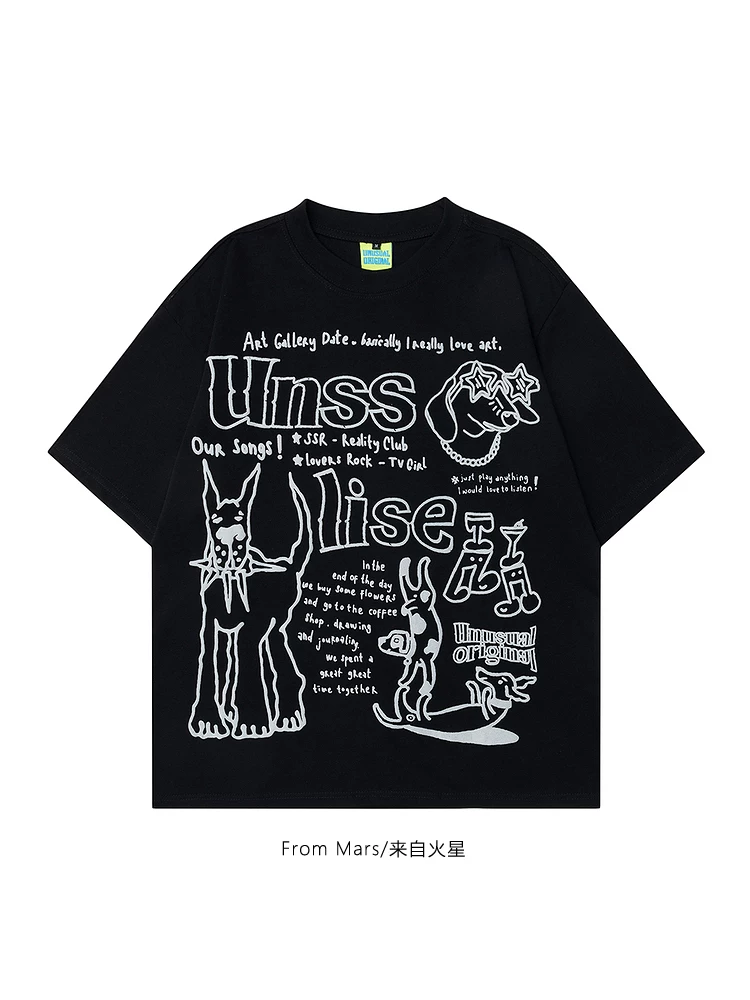 From Mars Sunshine Puppy Graffiti Animal Print Lazy Style Couple Loose Casual Short Sleeve T-Shirt Mùa hè