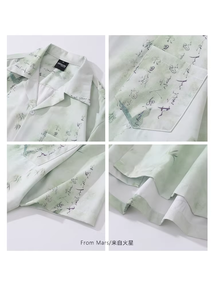 From Mars Green Expanse Phong cách Trung Hoa mới Tranh mực cổ điển In toàn bộ Áo sơ mi ngắn tay dáng rộng thông thường mùa hè Unisex