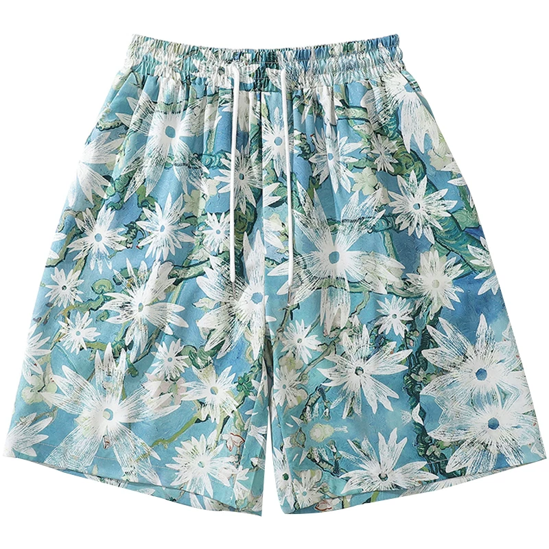 Từ sao Hỏa, mỏng như cánh ve sầu, tranh sơn dầu tươi mới, họa tiết hoa, quần short đi biển phong cách Hawaii đa năng, rộng rãi, thoải mái