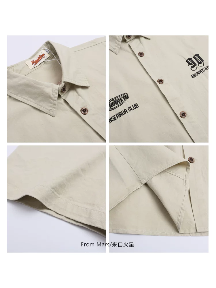 Từ sao Hỏa Du hành thời gian Thêu màu trơn Đơn giản Niche Mùa hè Áo sơ mi ngắn tay dáng rộng Unisex thông thường