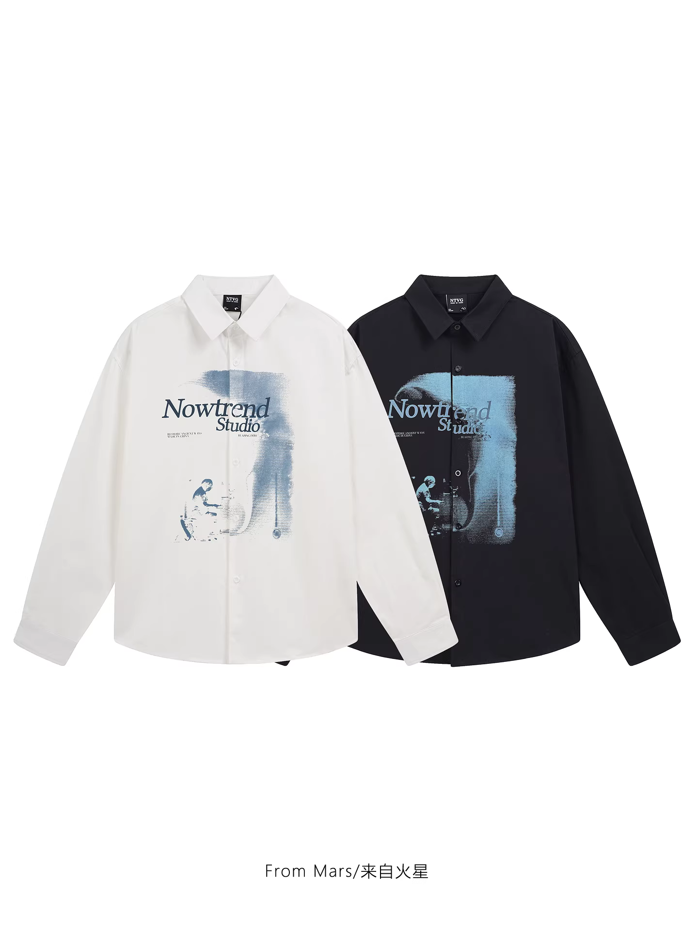 Từ sao Hỏa, hãy cố gắng phát triển, áo sơ mi dài tay có cổ rộng in chữ sáng tạo độc đáo và thời trang dành cho nam và nữ.