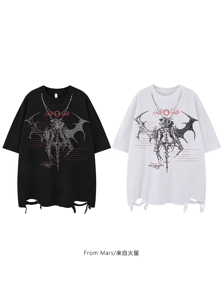 Áo thun ngắn tay đa năng phong cách hip-hop cao cấp vintage thô mộc từ Mars thorn