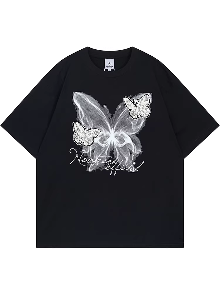 Áo thun tay ngắn in hình bướm retro phong cách Mars Unreal, cổ tròn, dáng rộng, dễ phối đồ cho nam và nữ