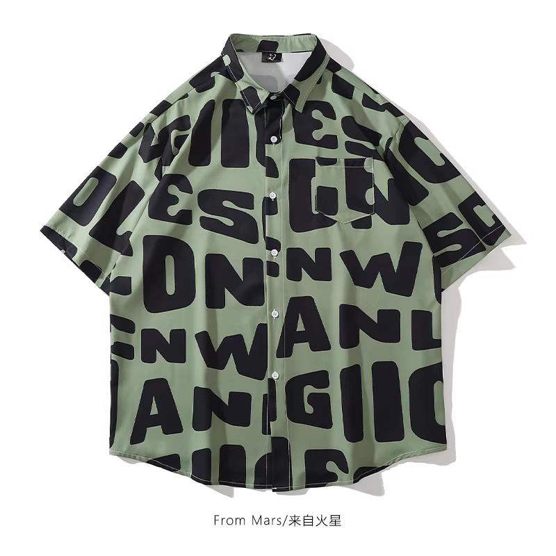 Áo sơ mi ngắn tay in chữ phong cách Mỹ màu xanh lá cây từ sao Hỏa thương hiệu thời thượng phong cách đường phố rộng rãi áo sơ mi phong cách lười biếng đa năng