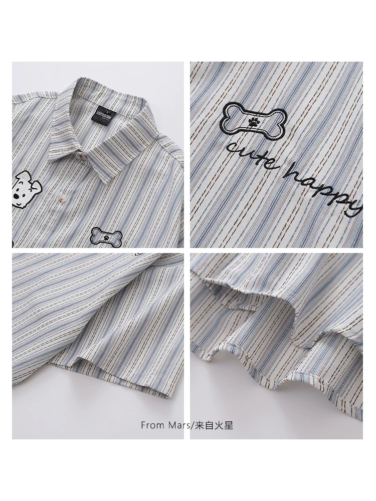 Từ Mars Dog Species Áo sơ mi ngắn tay sọc màu cổ điển hợp thời trang Unisex Niche Loose Casual