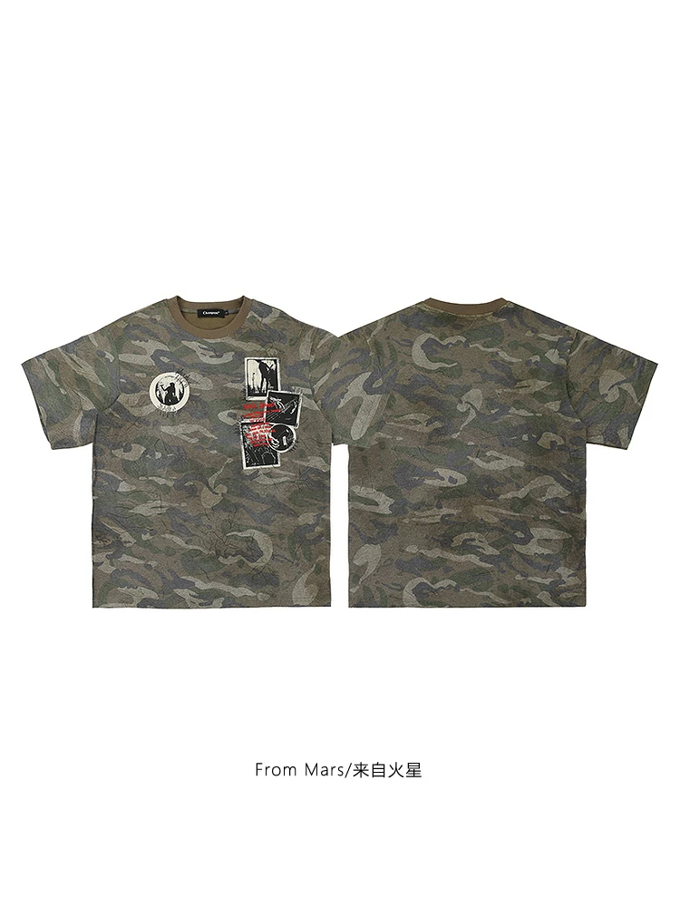 Từ sao Hỏa Đoán xem là gì Phong cách đường phố Retro Cool Hip-Hop Ngụy trang Áo thun ngắn tay dáng rộng dành cho cặp đôi đa năng BF
