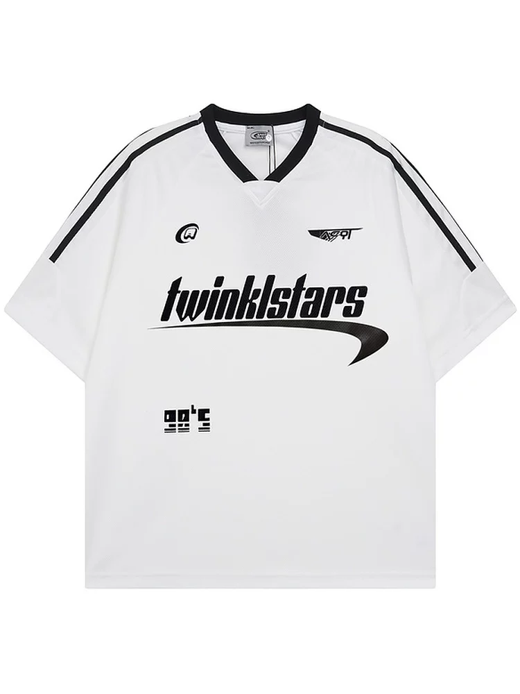 From Mars Summer New Arrivals Nhật Bản Retro Casual thêu chữ dáng rộng cổ chữ V màu khối áo thun ngắn tay BF