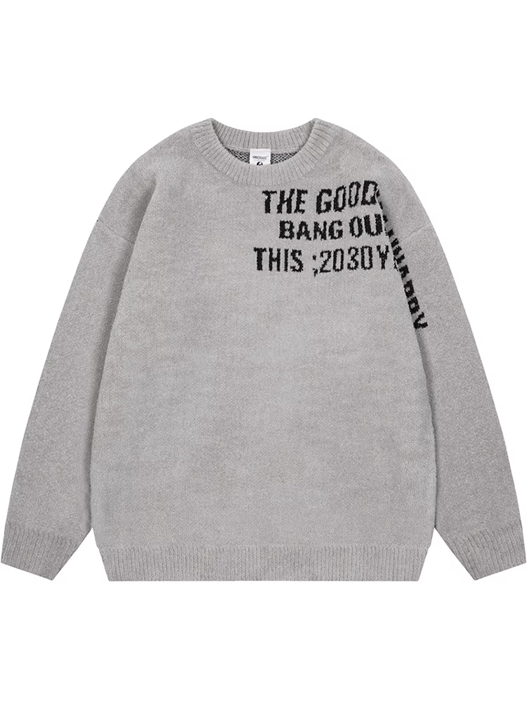 From Mars Any Words American Street Letter Jacquard Áo len dệt kim cổ tròn dáng rộng Áo len dáng rộng giản dị hợp thời trang