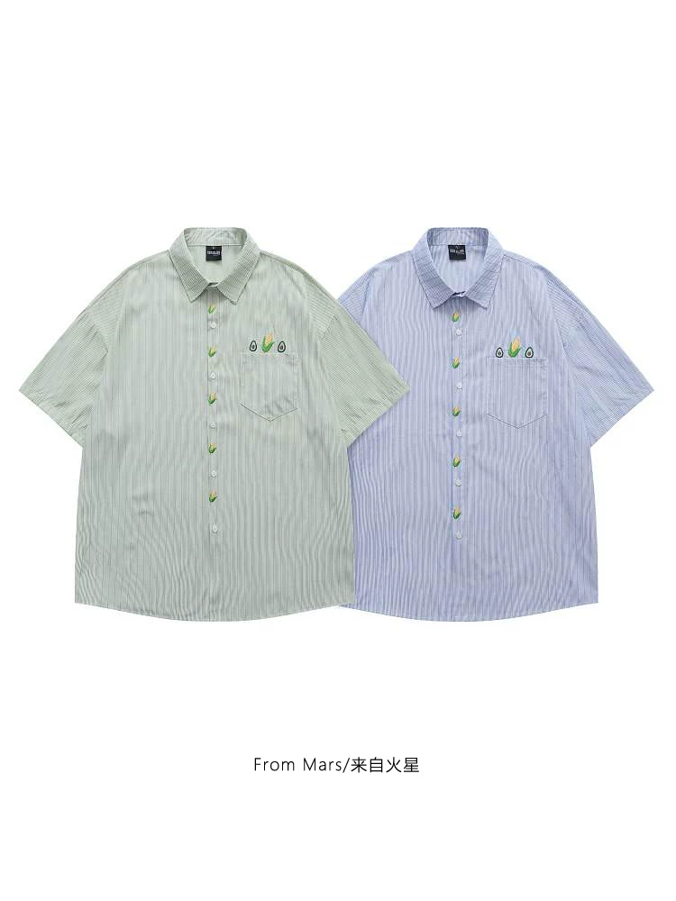 From Mars Healthy Food Summer Áo sơ mi sọc tươi mới thêu phong cách giản dị phong cách đại học xu hướng áo sơ mi ngắn tay rộng rãi
