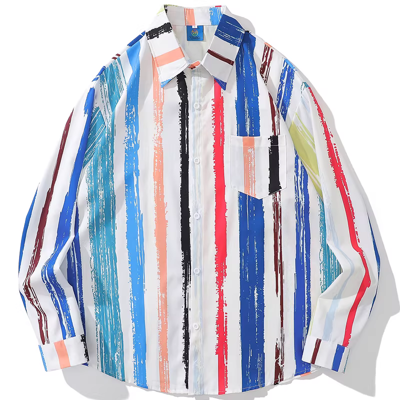 Từ sao Hỏa, áo sơ mi họa tiết sọc dọc nhiều màu sắc, dáng rộng, phong cách đường phố giản dị, thương hiệu queer