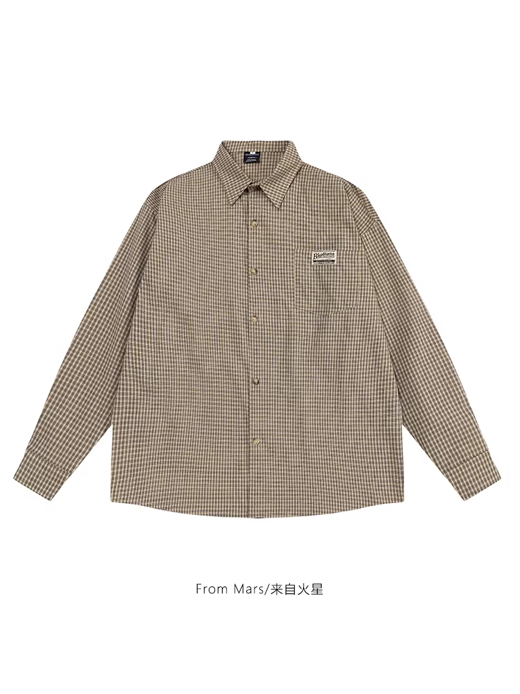 From Mars Time fly phong cách retro kiểu Nhật Bản hợp thời trang kẻ sọc phối màu đa năng áo sơ mi dài tay dáng rộng giản dị
