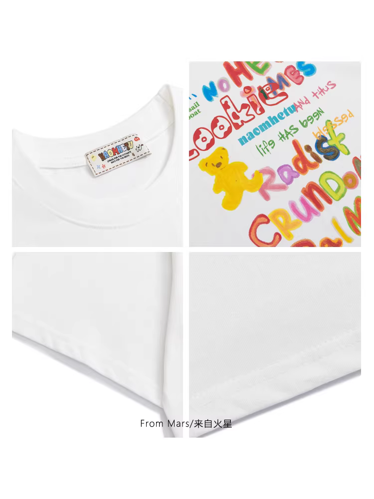 From Mars Bear Cookies Street In chữ đầy màu sắc Phong cách mới Áo thun ngắn tay dáng rộng đa năng cho mùa hè