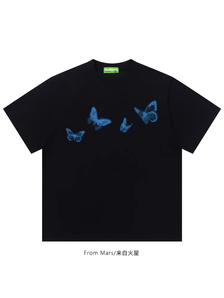 From Mars Blue Shadow Butterfly Simple Summer Print Round Neck Vibe Niche Loose Short Sleeve T-shirt Đa năng Hợp thời trang