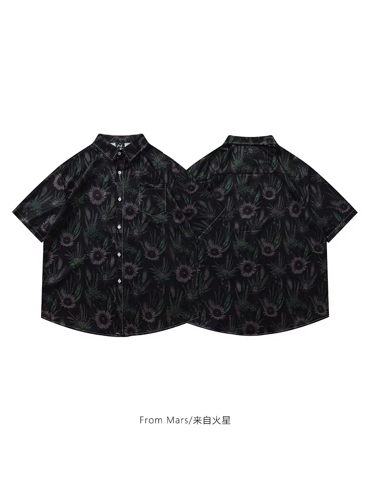 Từ sao Hỏa, những ngọn núi đang nở hoa rực rỡ, áo sơ mi ngắn tay in họa tiết hoa cổ điển châu Âu và Mỹ, áo sơ mi dáng rộng kiểu Hawaii
