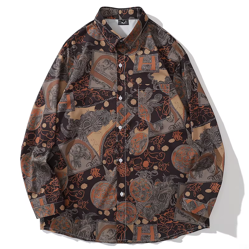 Từ thương hiệu thời trang Trung Quốc Mars, áo sơ mi dài tay in họa tiết dân tộc cổ điển, phong cách đường phố hip-hop, đa năng.
